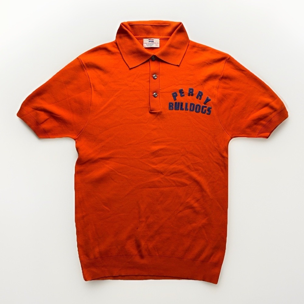 Vintage 70s Perry Bulldogs Medium Polo Shirt Nylon USA Texturized Knit Spellout